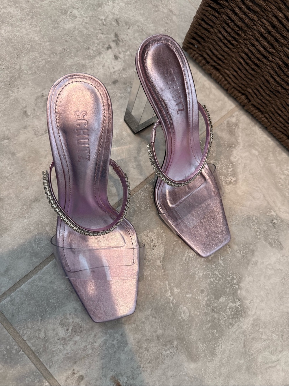 SCHUTZ Ariellen Crystal Vinyl Lucite Heels – Size 8.5